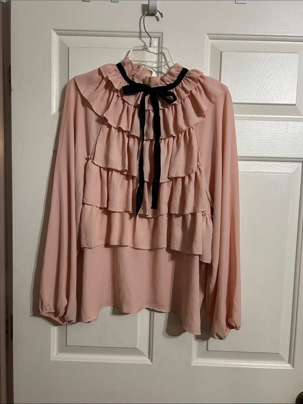 Ruffle Front Tie-Neck Blouse in Blush Pink